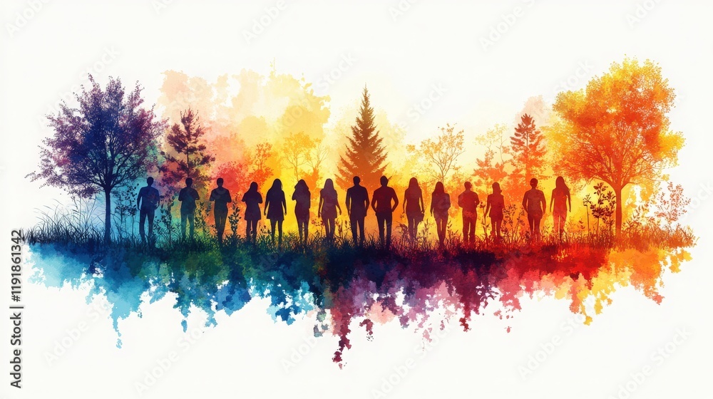Vibrant Silhouette of Diverse Group Against Colorful Nature Background with Trees and Reflections in Water, Representing Unity and Community Vibrant Silhouette of Diverse Group Against Colorful Nature Background with Trees and Reflections in Water, Representing Unity and Community