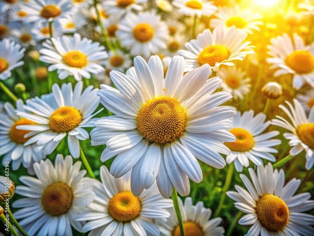 Obraz premium Top View Close Up Daisies Meadow Photography: Blooming Wildflowers, Summer Meadow, Nature Photography