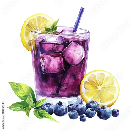 A watercolor painting of blueberry lemonade, isolated on a white background. Blueberry Lemonade vector.
