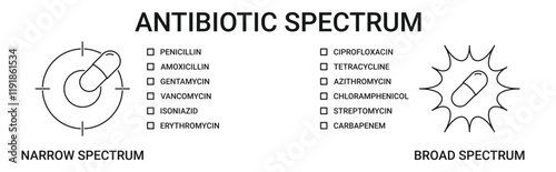 Antibiotic Spectrum Banner with broad and narrow spectrum icon concept illustration