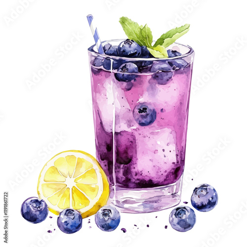 A watercolor painting of blueberry lemonade, isolated on a white background. Blueberry Lemonade vector.
