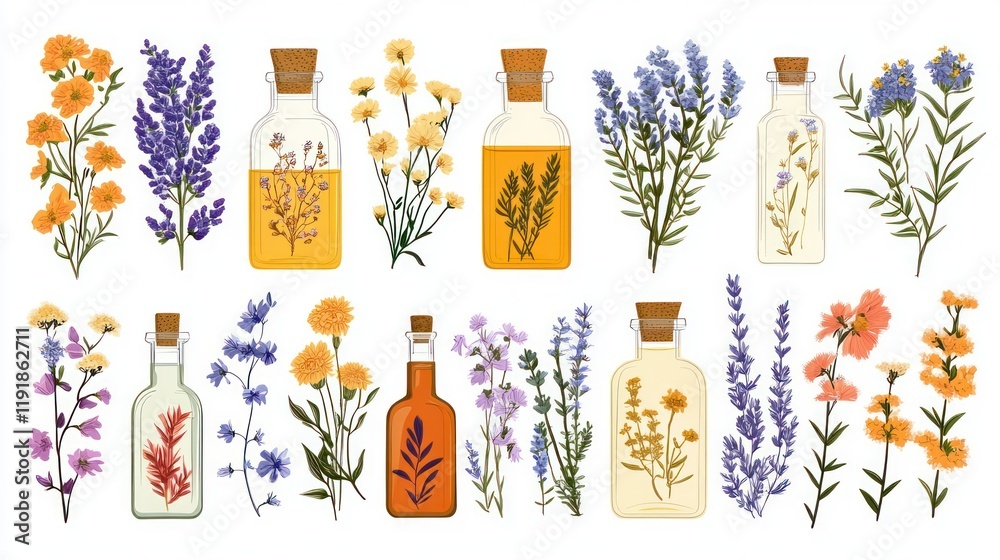 Fototapeta premium Herbal essential oils in glass bottles with flowers.