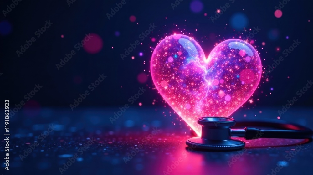 A Glowing Heart with Electrical Energy Near a Medical Stethoscope A Glowing Heart with Electrical Energy Near a Medical Stethoscope