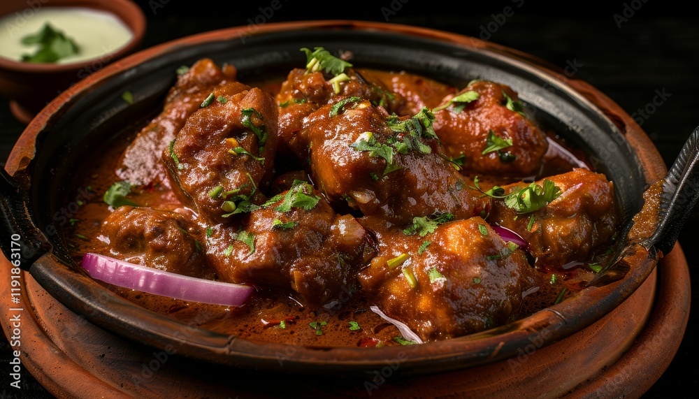 Close-up of a clay pot filled with chicken curry, garnished with cilantro and onion slices, served with a side of yogurt sauce. Close-up of a clay pot filled with chicken curry, garnished with cilantro and onion slices, served with a side of yogurt sauce.