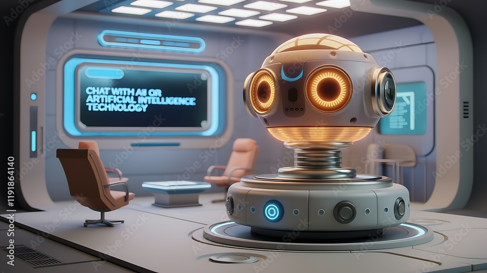 Fototapeta premium AI robot in futuristic office; chat interface; meeting room background; tech concept