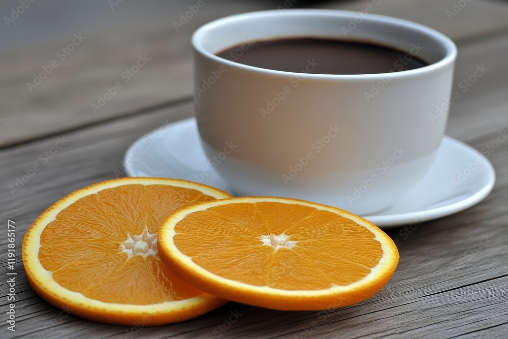 Coffee and Orange Slices on Wooden Table Coffee and Orange Slices on Wooden Table