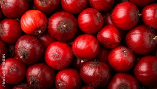 Flat Lay Top View of Bright Ripe Fragrant Red Guarana Fruit as Background