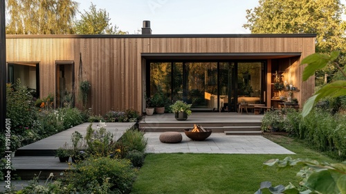 Modern Wooden House with Garden and Fire Pit
