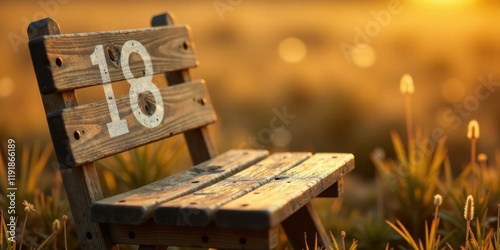 Rustic wooden bench numbered eighteen bathed in warm sunset light, situated amidst tall grasses