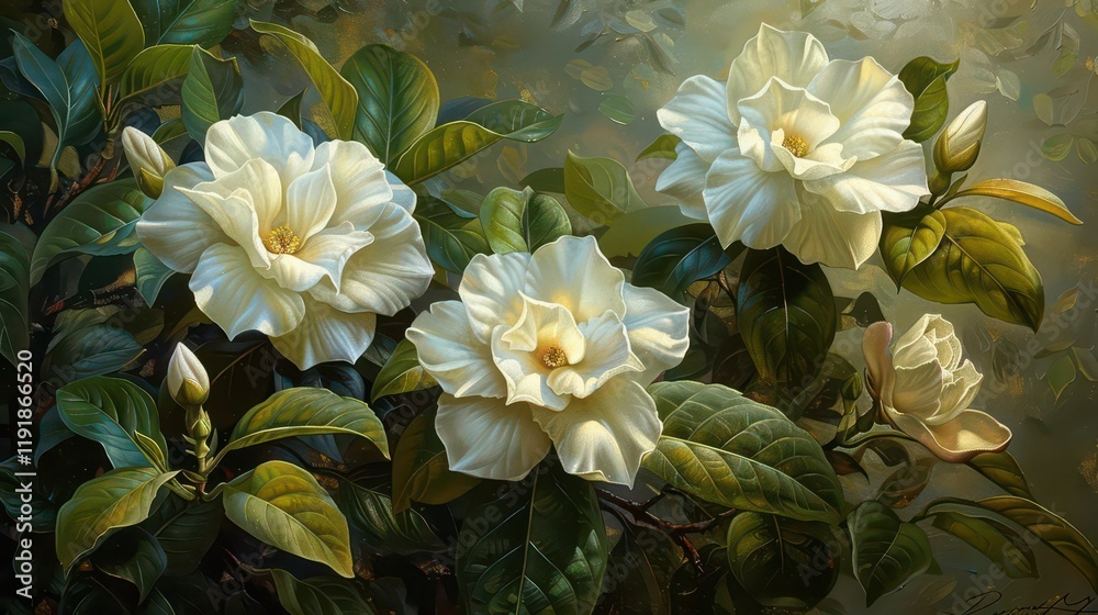 A vibrant depiction of white flowers surrounded by lush green leaves. A vibrant depiction of white flowers surrounded by lush green leaves.