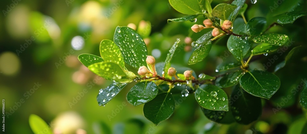 Fototapeta premium Dew-covered leaves and flower buds on a branch.