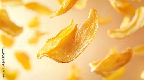 Close-up of numerous golden-yellow dehydrated jackfruit chips levitating against a soft, blurred, light-orange background.