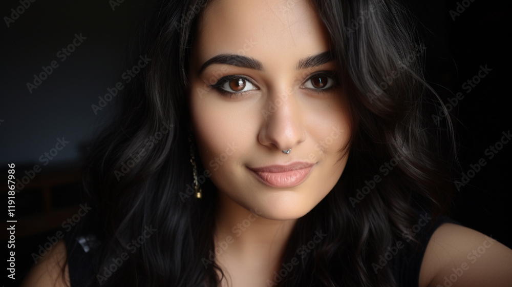Obraz premium Pretty young woman, with nose piercing, has long dark brown hair, with big brown eyes, wears a black short-sleeved blouse, generative AI.