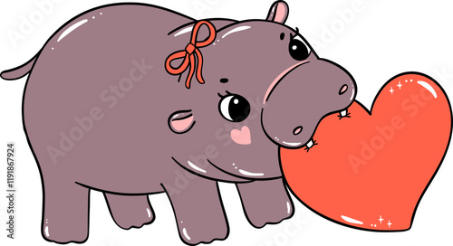 Cute Valentine Moo Deng Pygmy Hippo bites heart hand drawn doodle