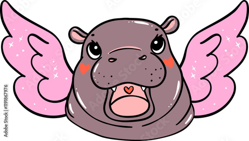 Valentine Cupid Moo Deng Pygmy Hippo with angle wings hand drawn doodle