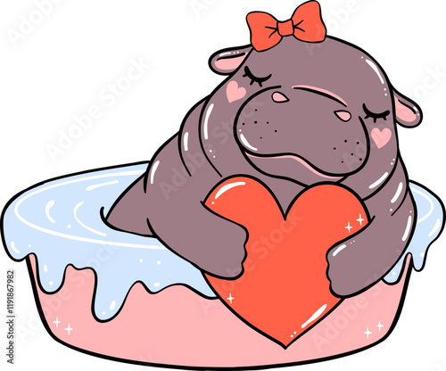 Girly Valentine Pygmy Hippo sleeping in bathtub with heart hand drawn doodle