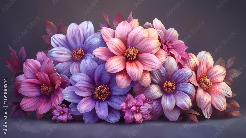 Obraz premium A vibrant arrangement of colorful flowers in shades of pink and purple, showcasing beauty and nature.