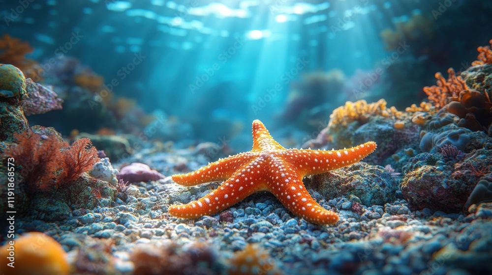 Stunning Underwater Scene Featuring a Vibrant Orange Starfish Among Colorful Coral and Marine Life in a Crystal Clear Ocean Environment Stunning Underwater Scene Featuring a Vibrant Orange Starfish Among Colorful Coral and Marine Life in a Crystal Clear Ocean Environment