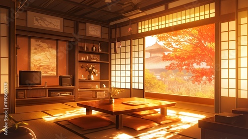 A tranquil Japanese room with tatami mats, low wooden table, and traditional decor, creating a Zen-like ambiance photo