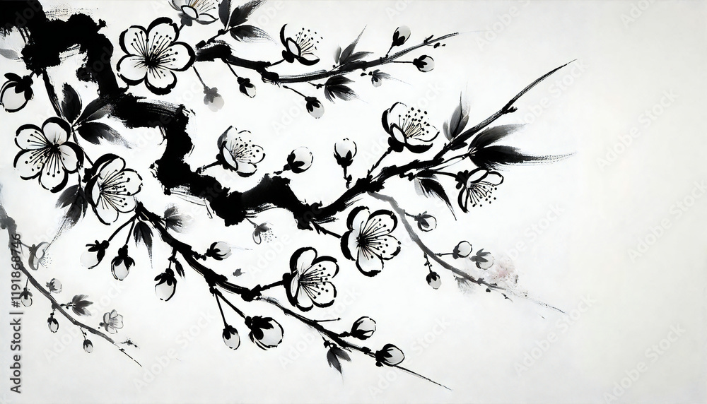 Fototapeta premium 桜-水墨画風-1