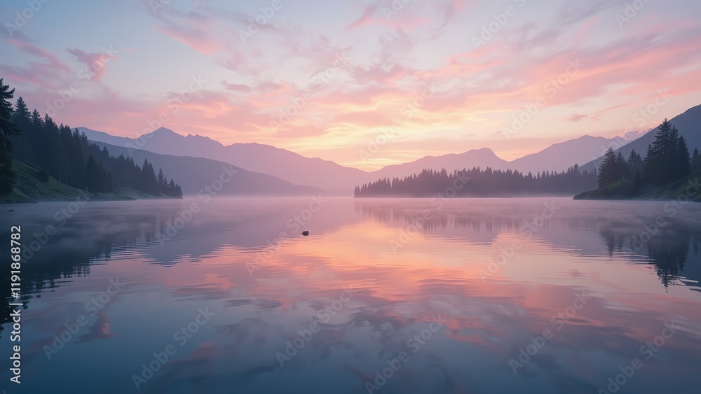 A tranquil mountain lake mirrors the serene blend of pink and blue skies. Its placid waters reflect an ethereal gradient, inviting calmness into the scene A tranquil mountain lake mirrors the serene blend of pink and blue skies. Its placid waters reflect an ethereal gradient, inviting calmness into the scene