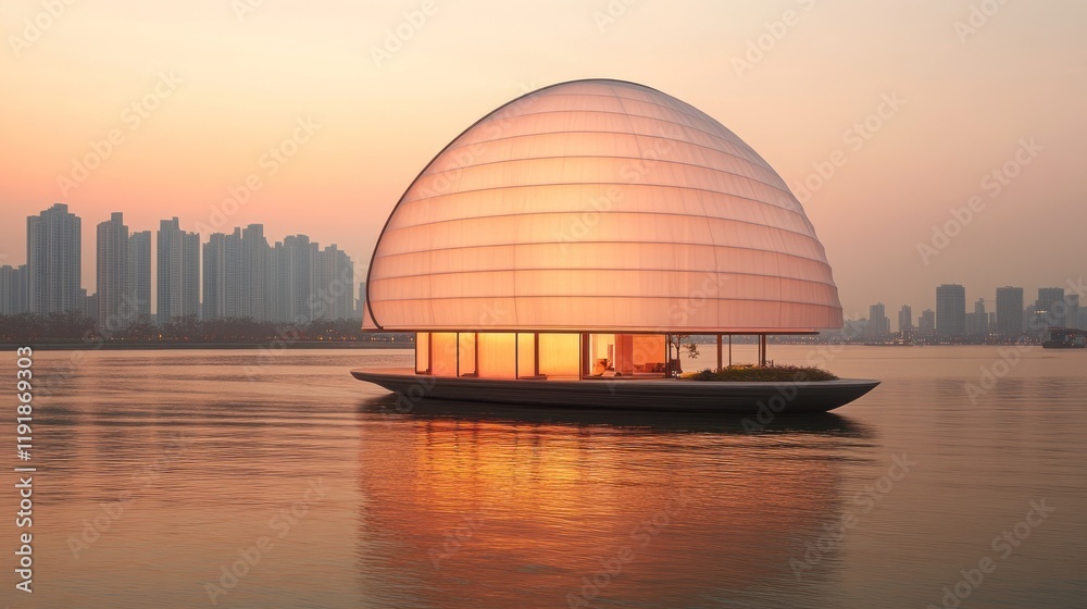 Obraz premium Illuminated dome structure floating on calm water at sunset, city skyline in background.