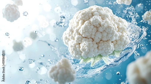 Fresh cauliflower submerged in water, with splashes and bubbles. photo