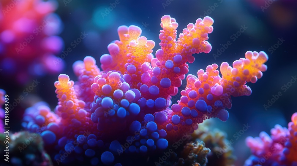 Fototapeta premium Vibrant Coral Reef Scene with Colorful Corals Displaying a Stunning Array of Pink, Orange, and Blue Hues in a Serene Underwater Environment