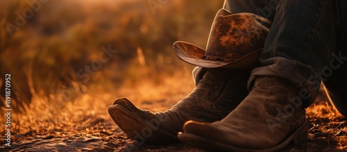 Cowboy boots and hat at sunset. photo