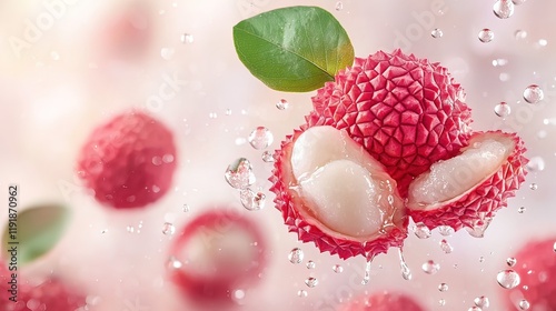 Fresh lychees levitating with water droplets, one cut open to show its white flesh.