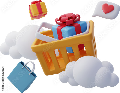 3D Vector Shopping cart with cloud, market bag and gift boxes, Shopping Online Concept.