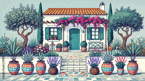 A Mediterranean-inspired front garden with terracotta pots filled with olive trees and lavender, a tiled pathway, and climbing bougainvillea on a pergola, set against a whitewashed house 