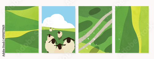 Abstract Green Summer landscape background vector set. Nature wallpaper of green field on mountain, flower, blue sky, bird, sheep. Watercolor illustration for cover, banner, wall art, decoration.