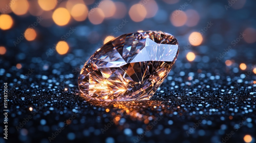 Sparkling diamond rests on glittering, dark surface. Sparkling diamond rests on glittering, dark surface.