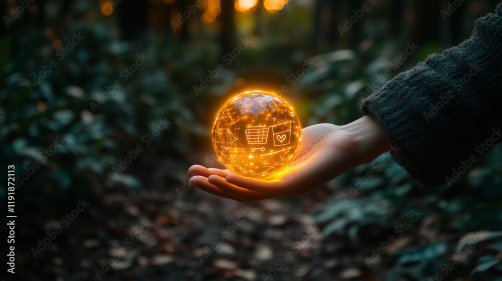 Obraz A hand grasping a sphere with symbols of shopping trolleys, balances, and hearts surrounding it, a simple image.