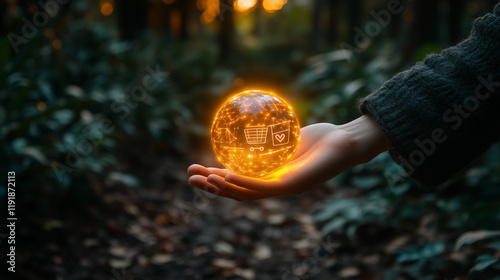 A hand grasping a sphere with symbols of shopping trolleys, balances, and hearts surrounding it, a simple image.