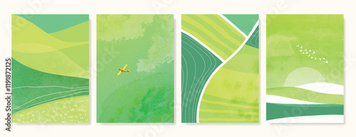 Abstract Green Summer landscape background vector set. Nature wallpaper of green field on mountain, bird, airplane, meadow. Watercolor illustration for cover, banner, wall art, decoration.