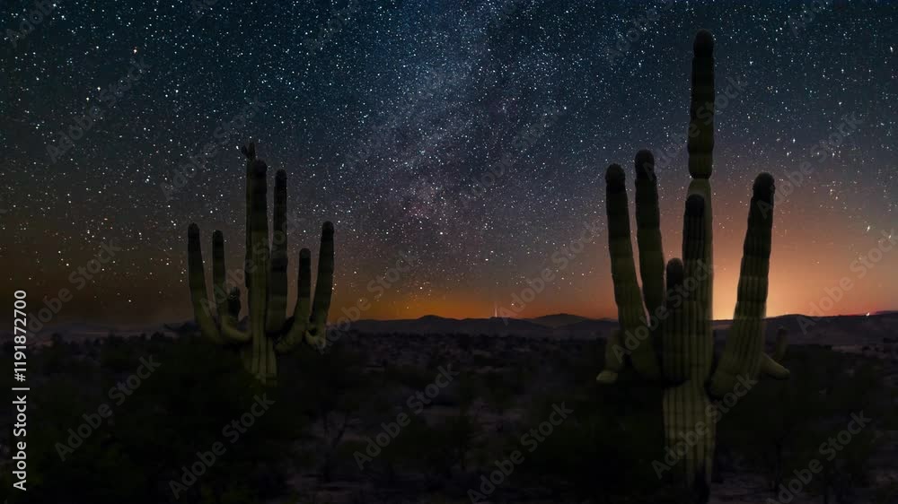 cactus in the desert with starry night sky and milky way