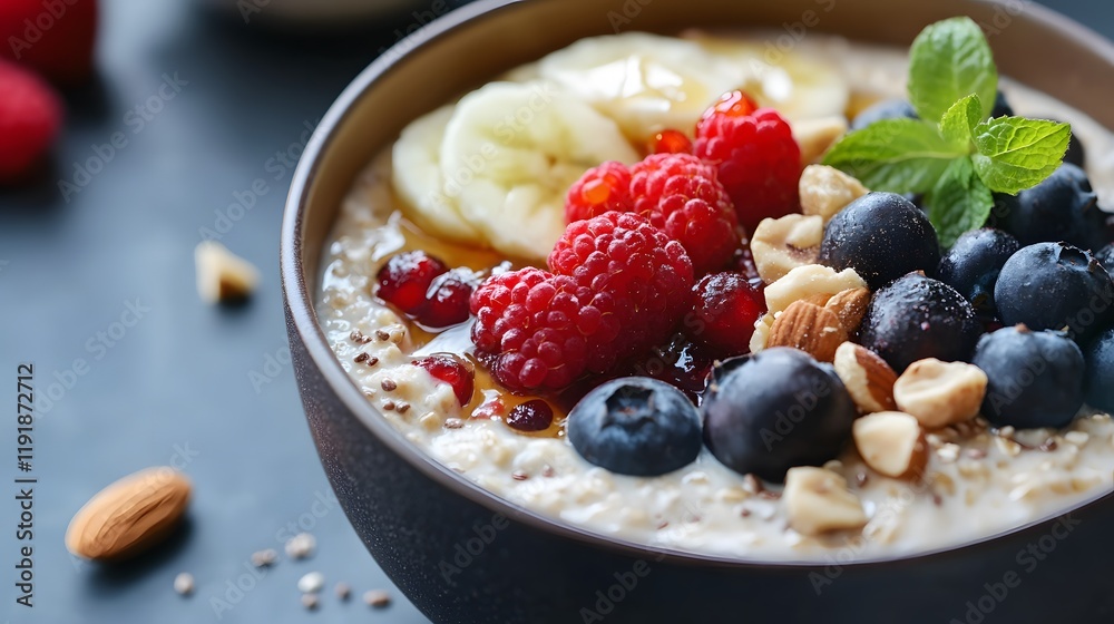 Delicious Oatmeal Bowl Topped With Berries Nuts And Banana Delicious Oatmeal Bowl Topped With Berries Nuts And Banana