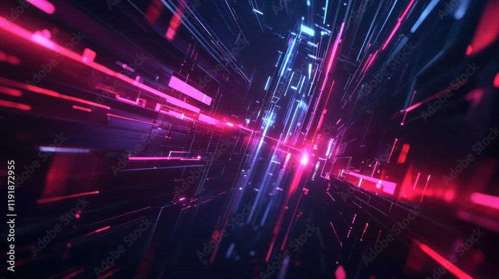 Obraz premium Abstract digital tunnel with glowing neon lines.