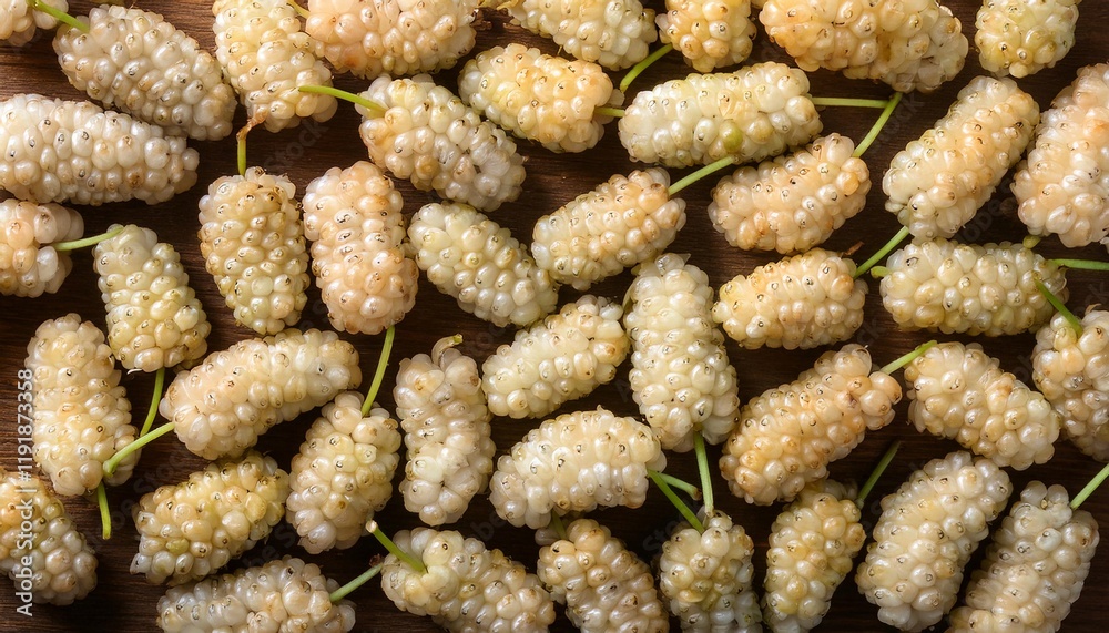 Flat Lay Top View of Bright Ripe Fragrant White White mulberry Fruit as Background Flat Lay Top View of Bright Ripe Fragrant White White mulberry Fruit as Background