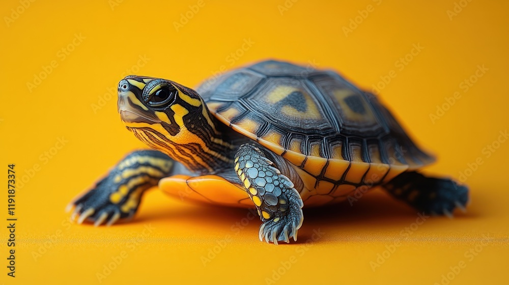 Obraz premium Baby turtle, yellow background, vibrant colors.