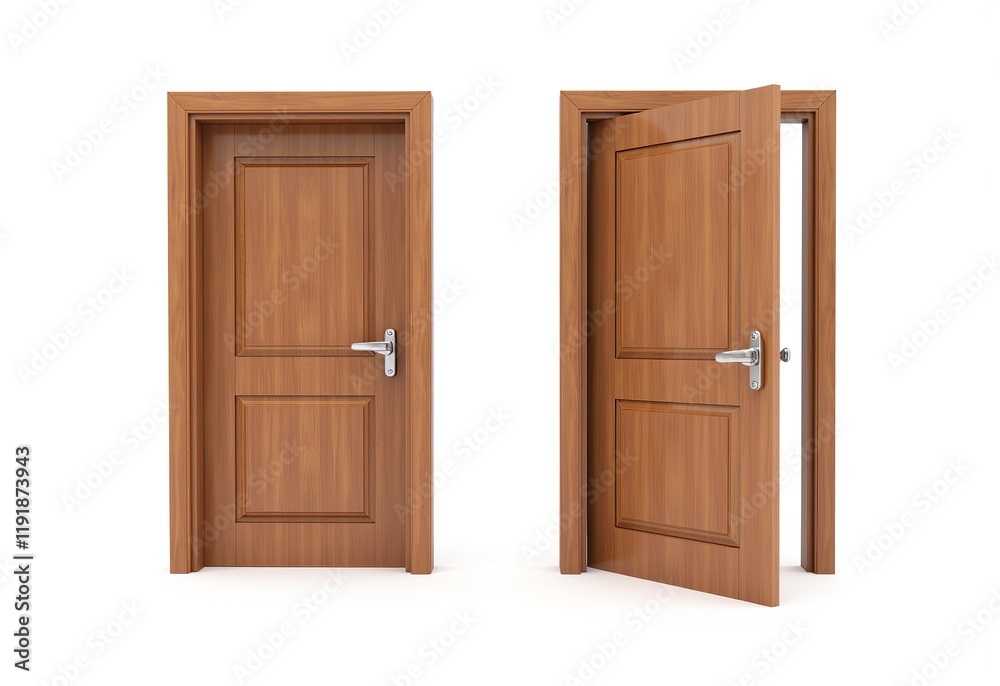 Fototapeta premium Stunning Visual of Two Brown Wooden Doors: An Open Door Symbolizing Opportunity and a Closed Door Representing Security on a White Canvas