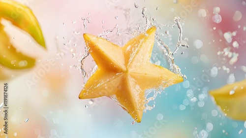 Star fruit splashing in water against a pastel background.