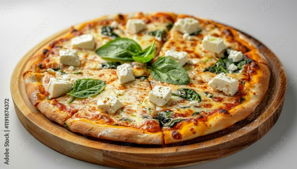A delicious pizza with spinach and feta cheese on a wooden board.