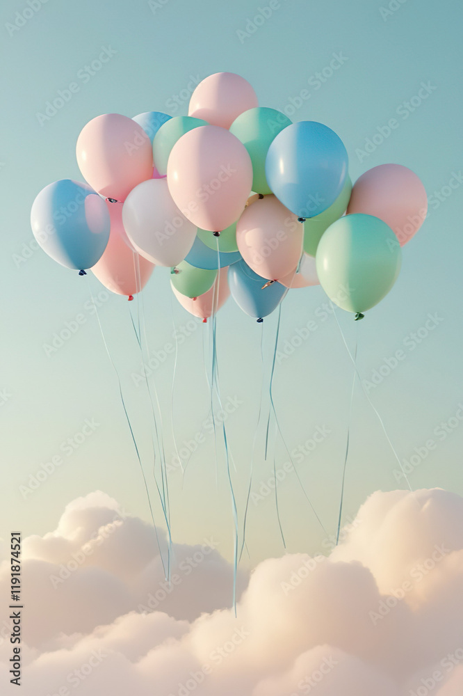 Fototapeta premium a minimal style balloon of pastel hues floating on white clouds