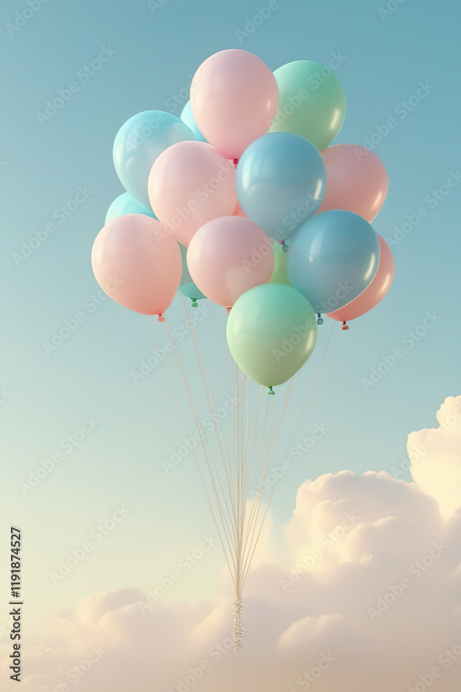 Fototapeta premium a minimal style balloon of pastel hues floating on white clouds