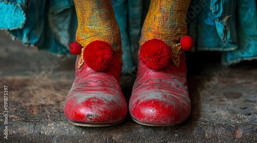 Troupe of clowns behind the scenes adjusting their oversized shoes and red noses while sharing a quick joke before stepping into the circus ring photo