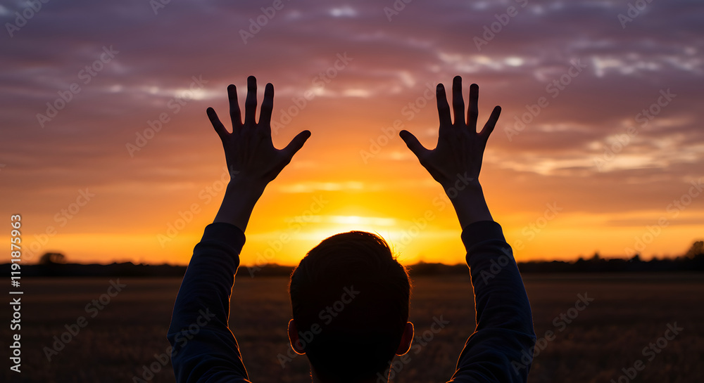 Fototapeta premium An open concept featuring hands uplifted, capturing sunlight against a backdrop of a sunset sky. 
