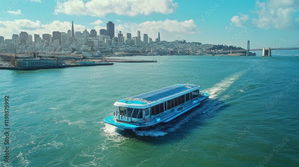 Naklejka premium A clean energy-powered ferry system with hydrogen fuel cells, surrounded by a vibrant coastal cityscape